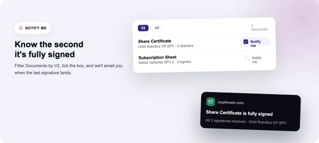 AuptiSign 2.0 interface showing document signature status and notifications