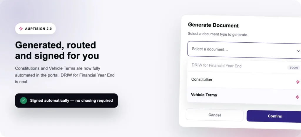 AuptiSign 2.0 interface for generating and signing investment documents